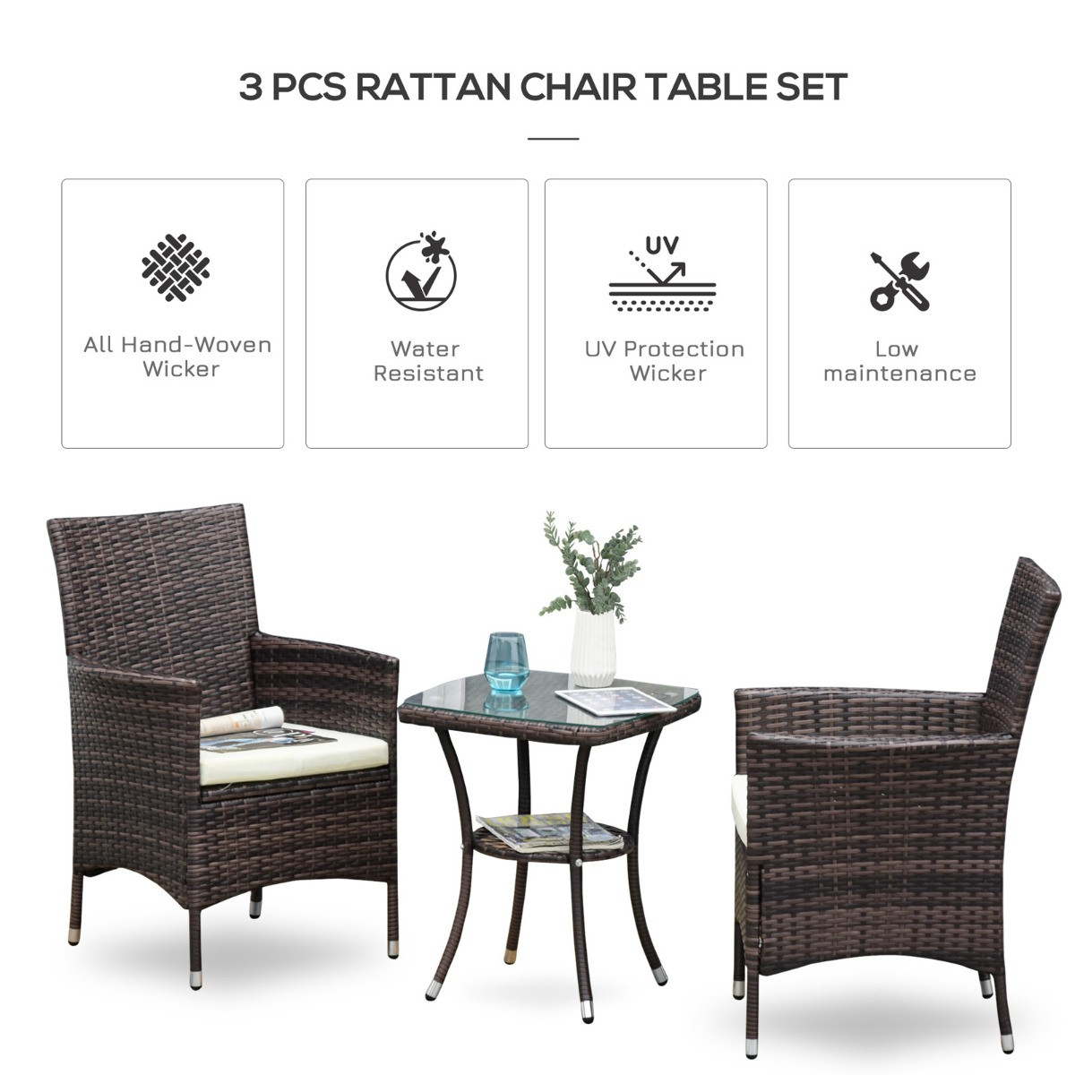 Outsunny Rattan Garden Furniture Bistro Set, 3 Piece - Brown>