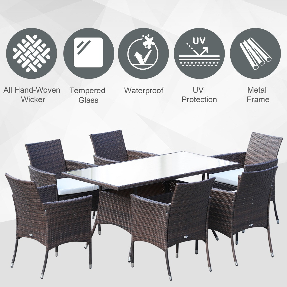 Outsunny Rattan Garden Furniture Dining Set, 7 Piece - Brown>