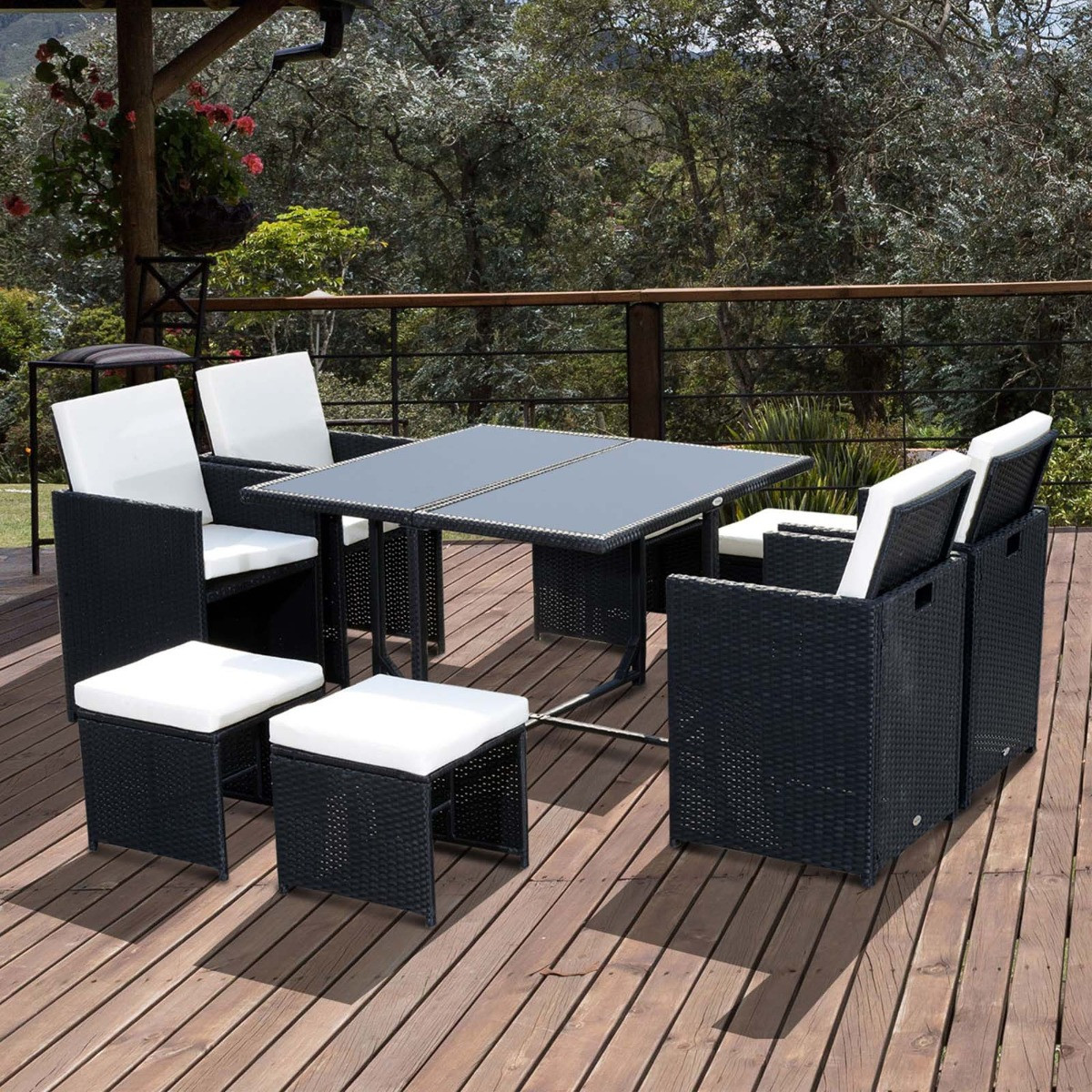 Outsunny Rattan Garden Furniture Cube Set, 8 Seater - Black>