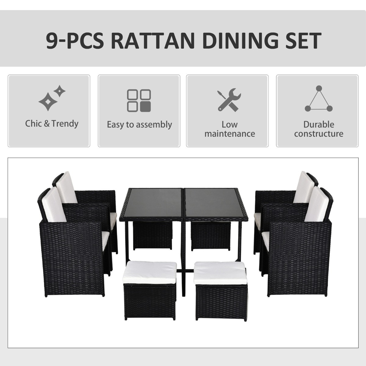 Outsunny Rattan Garden Furniture Cube Set, 8 Seater Black