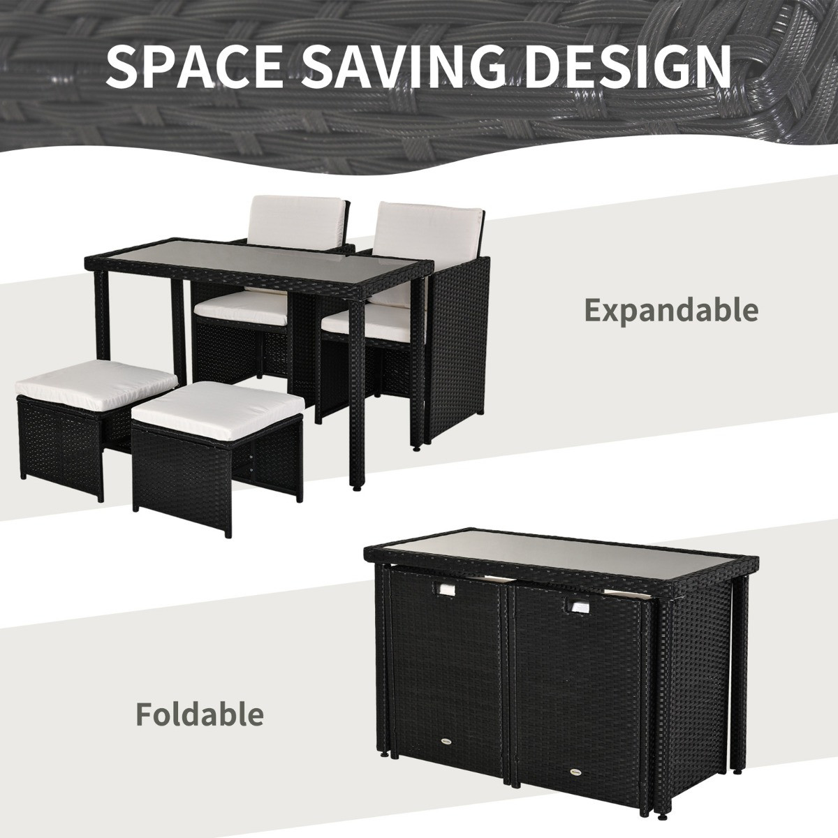 Outsunny Rattan Space Saving Garden Furniture Sofa Set, 5 Piece - Black>