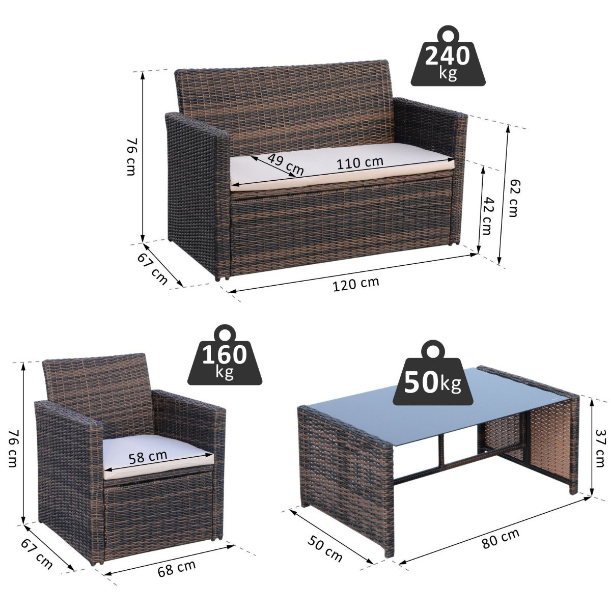Outsunny Rattan Garden Sofa Set With Coffee Table, 4 Piece - Brown>