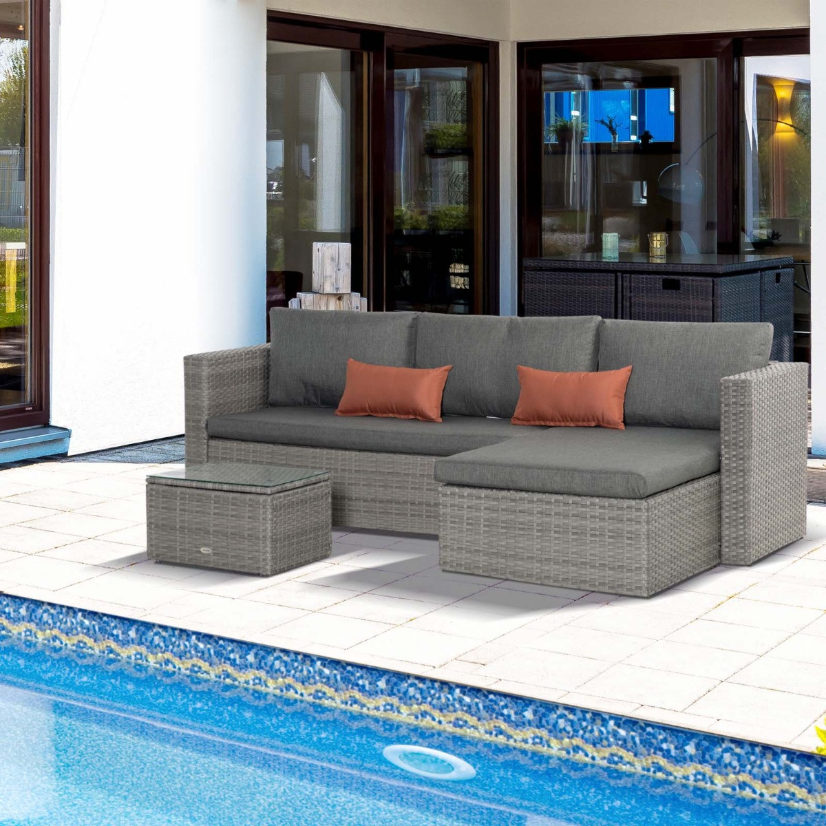 Outsunny Rattan Sofa Set With Coffee Table, 3 Piece - Grey>