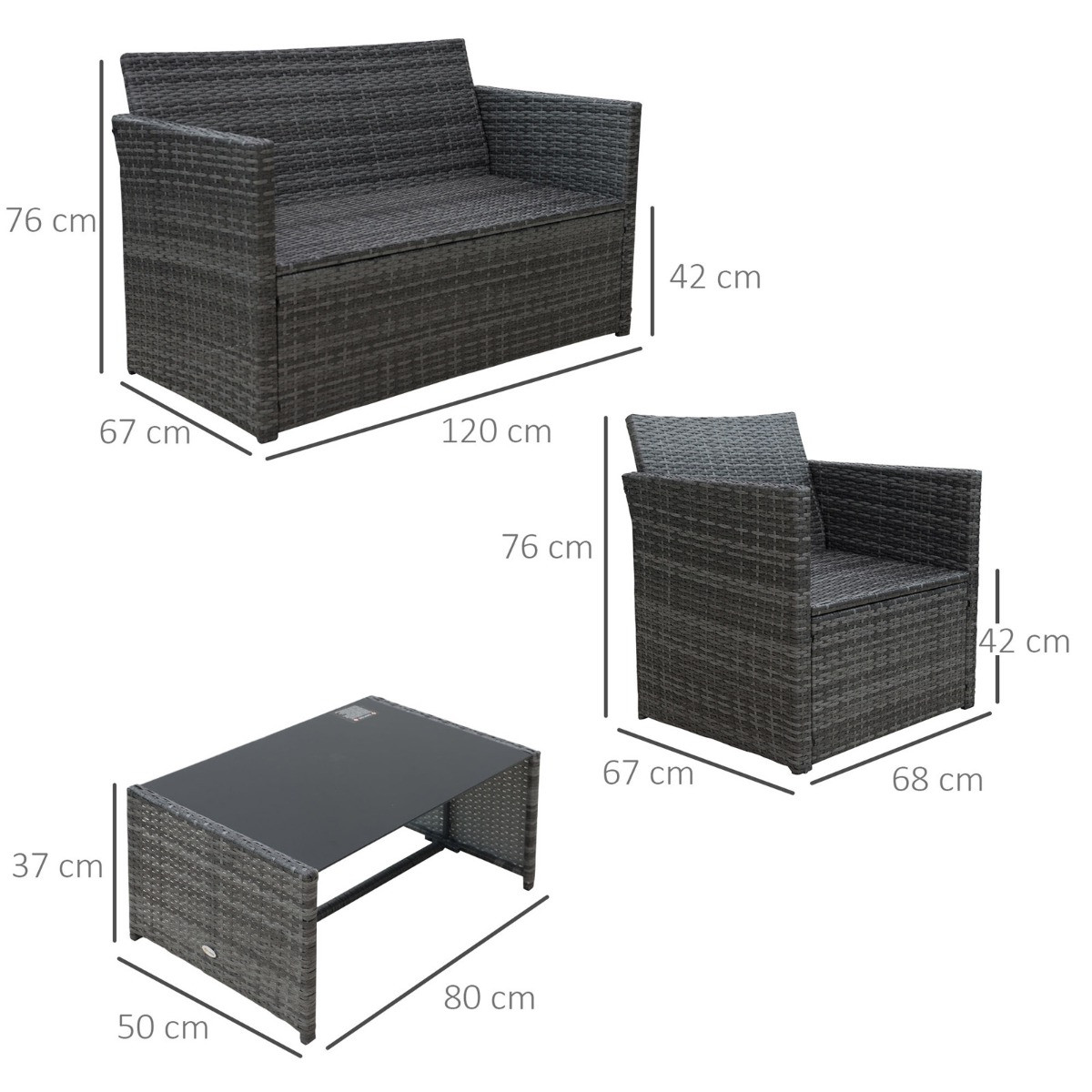 Outsunny Rattan Garden Sofa Set With Coffee Table, 4 Piece - Grey>