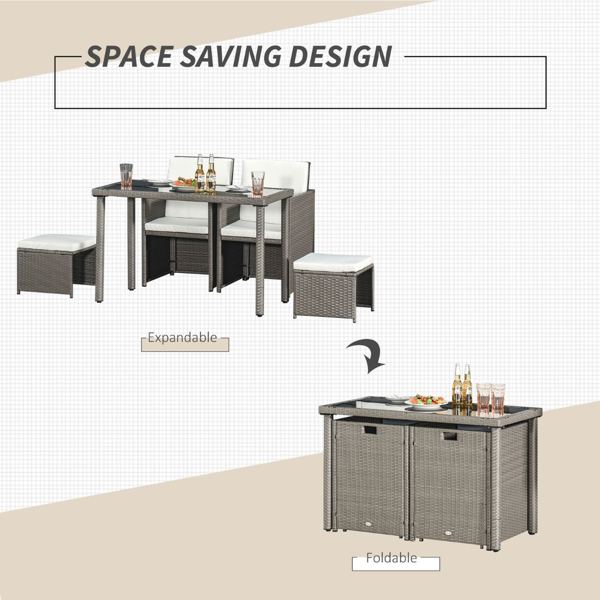 Outsunny Rattan Space Saving Garden Furniture Sofa Set, 5 Piece - Grey>