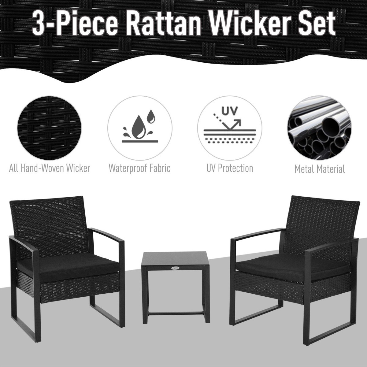 Outsunny Rattan Wicker Garden Furniture Patio Bistro Set, 3 Piece - Black>