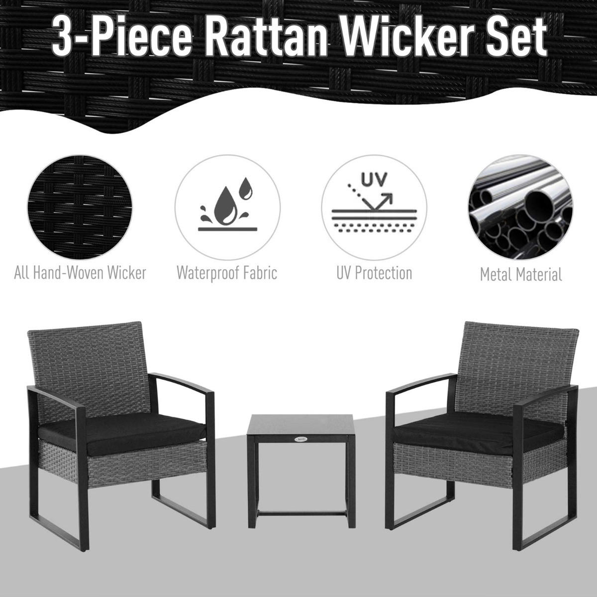 Outsunny Rattan Wicker Garden Furniture Patio Bistro Set, 3 Piece - Grey>
