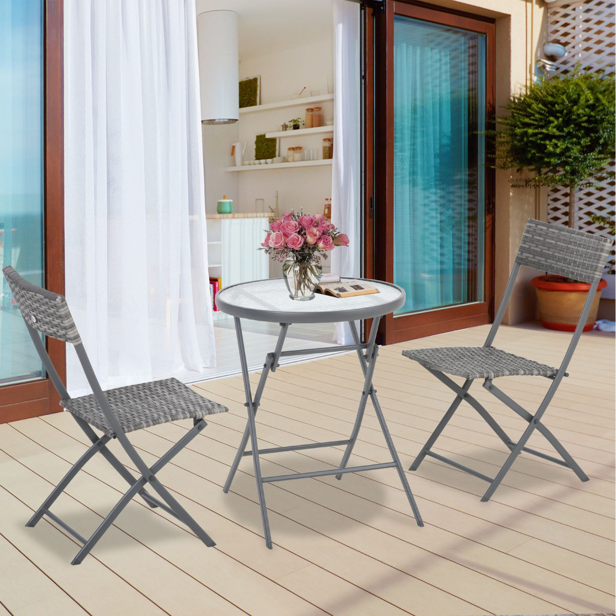 Outsunny Rattan Wicker Bistro Foldable Table Set, 3 Piece - Grey>