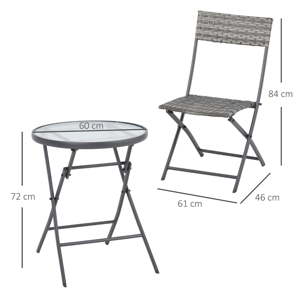 Outsunny Rattan Wicker Bistro Foldable Table Set, 3 Piece - Grey>