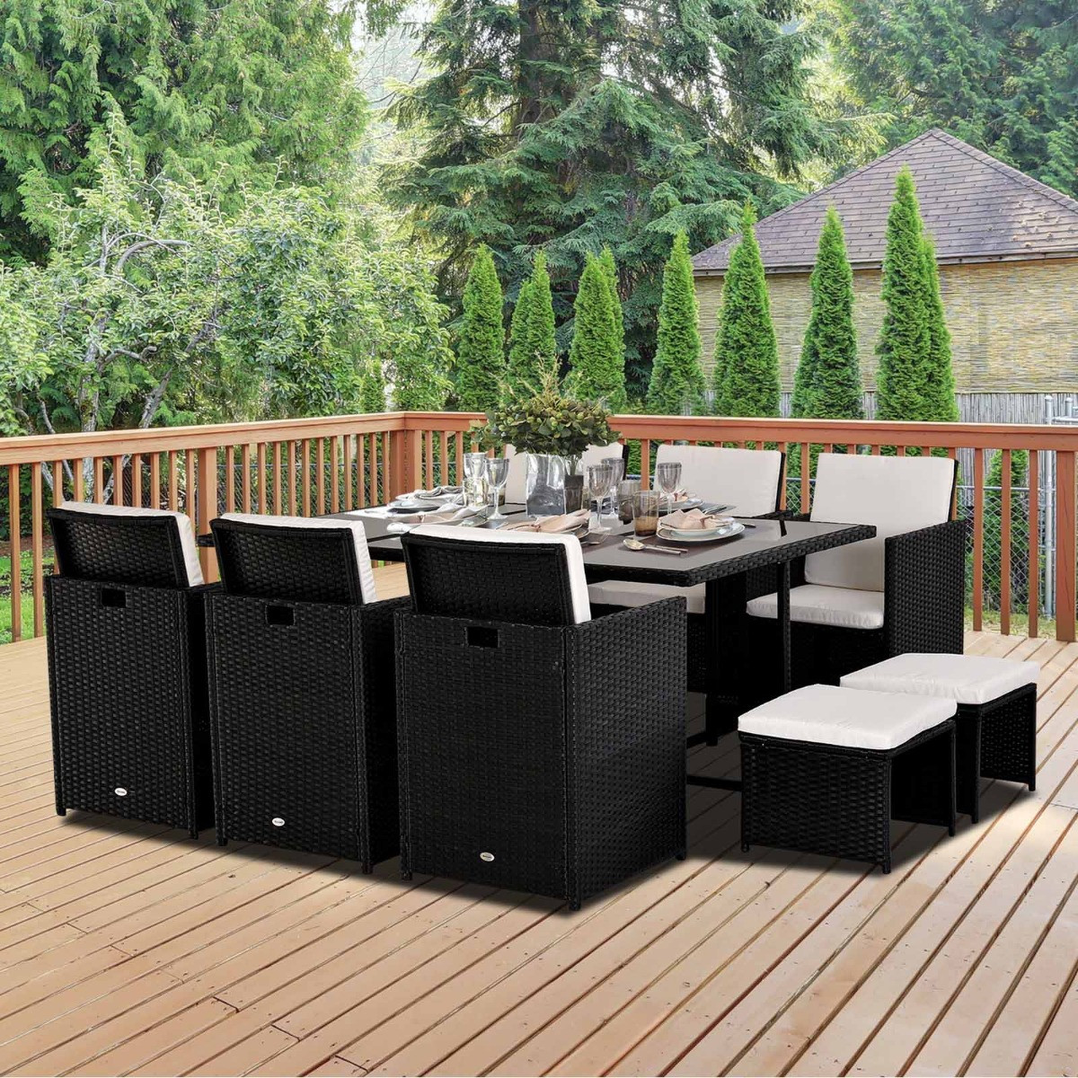 Outsunny Rattan Garden Furniture Cube Set, 10 Seater - Black>