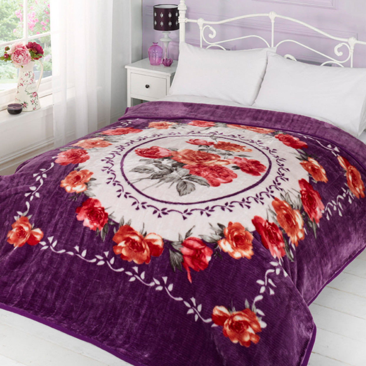 Luxury Warm Soft Large Mink Faux Fur Rose Floral Aubergine Sofa Bed Blanket Throw>