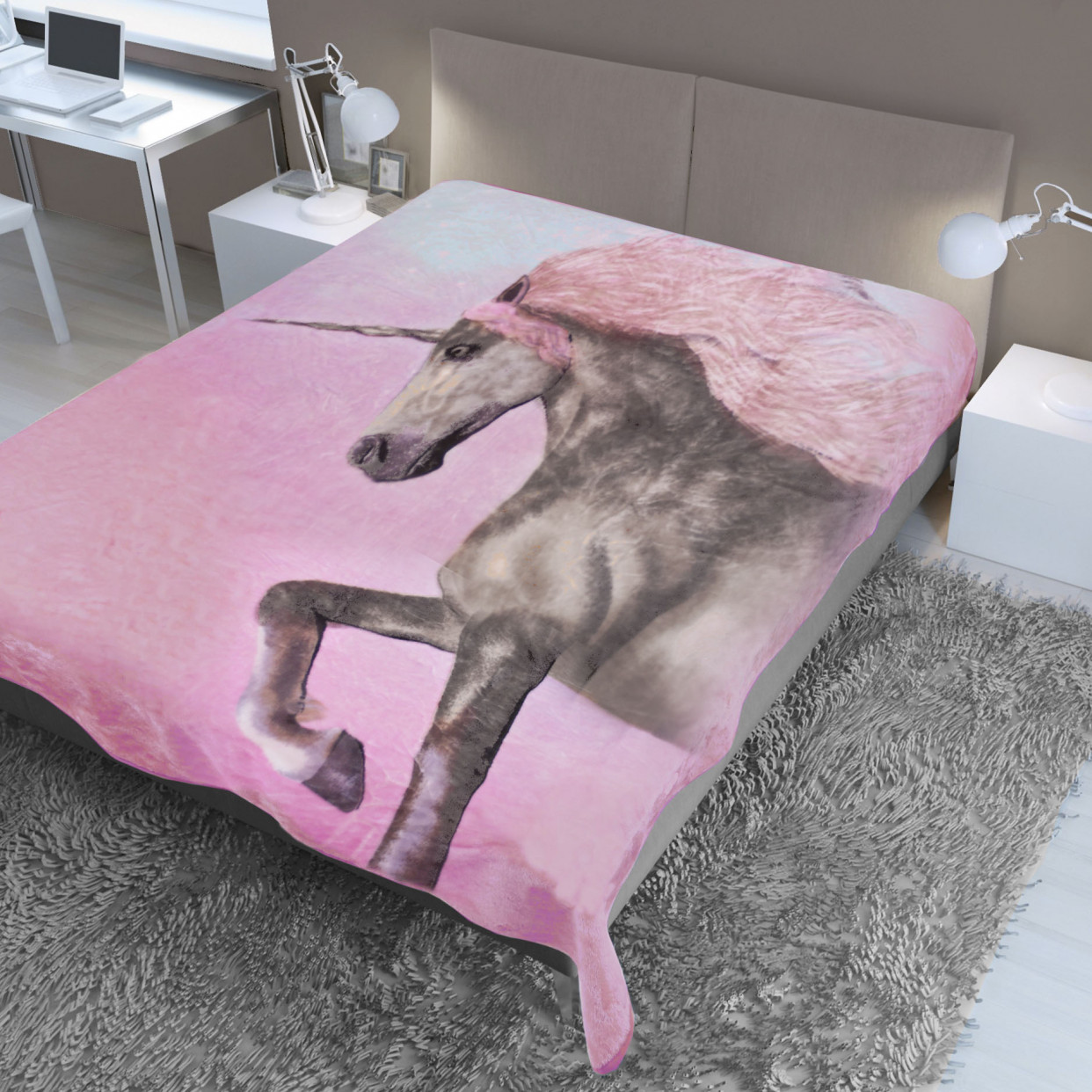 Dreamscene Unicorn Faux Fur Mink Throw - Pink - 150x200cm>