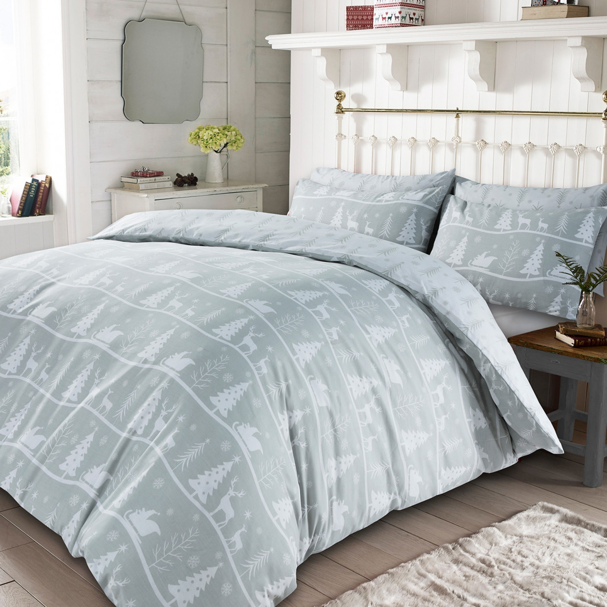 OHS Christmas Tree Duvet Cover Set, Grey/White - Single>