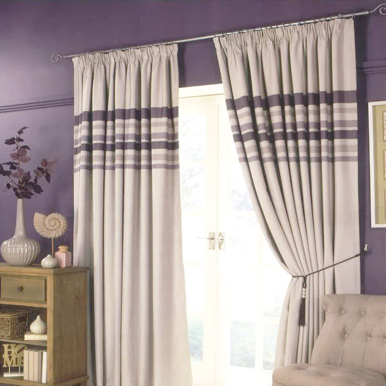 Pencil Pleat Striped Curtains - Natural>