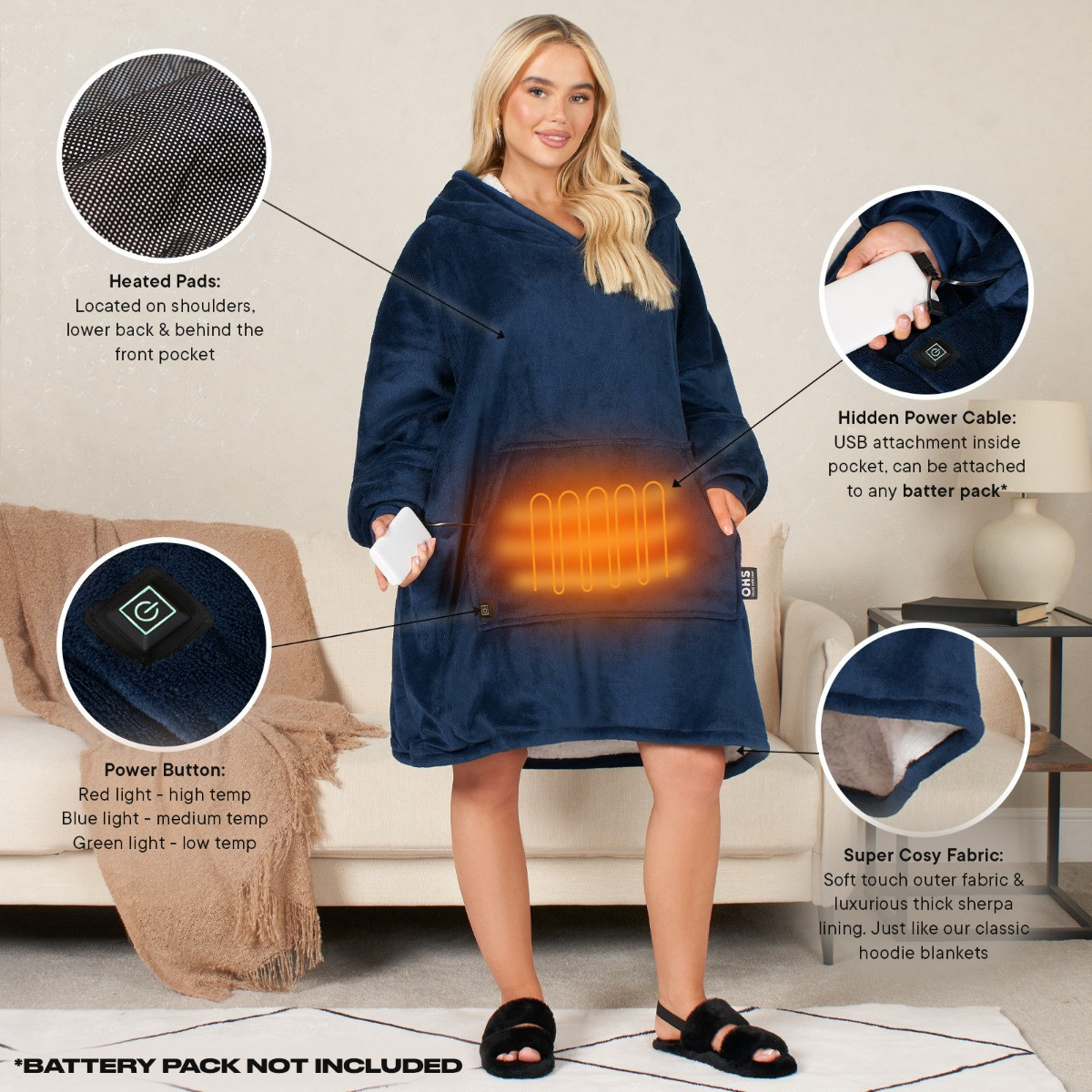 OHS Electric Heated Oversized Hoodie Blanket, Adults - Navy >