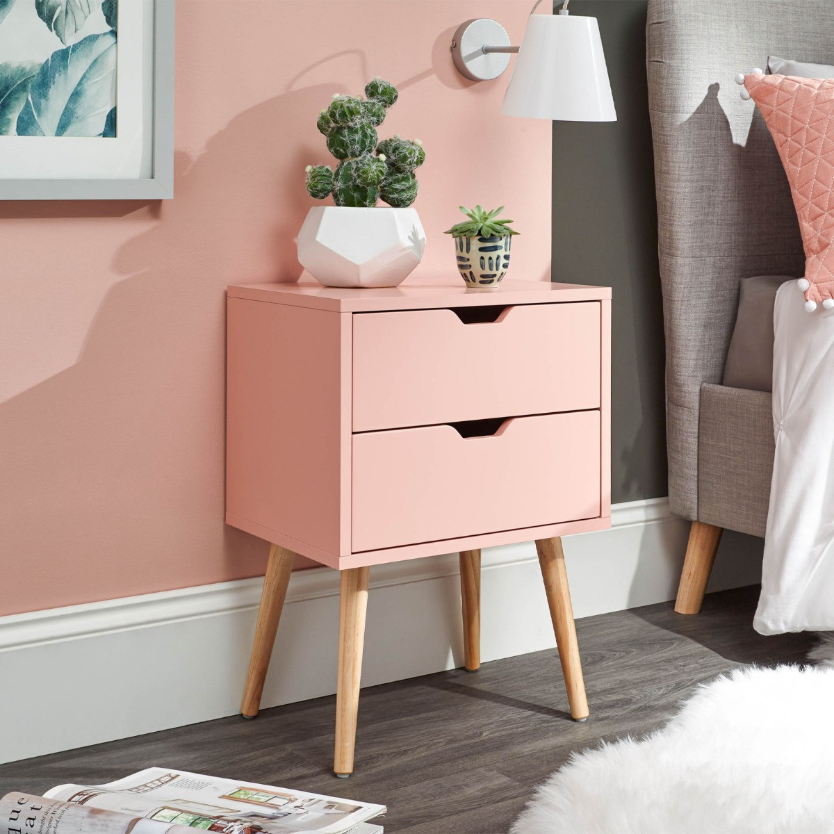 Nyborg Single 2 Drawer Bedside Table - Coral Pink>