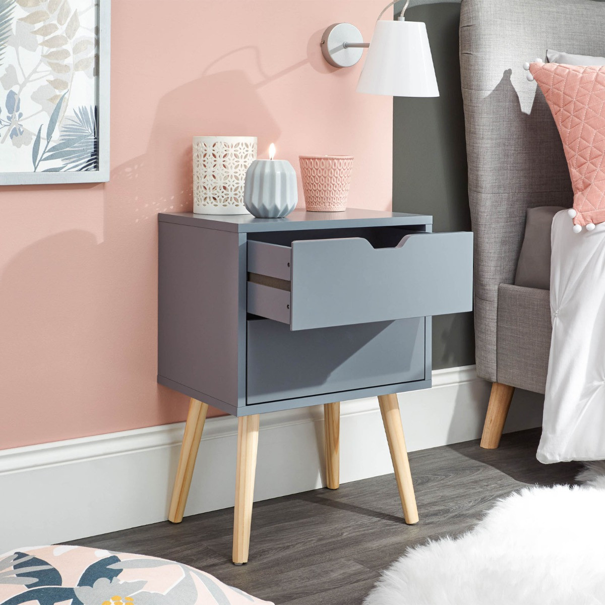 Single 2 Drawer Bedside Table Dark Grey