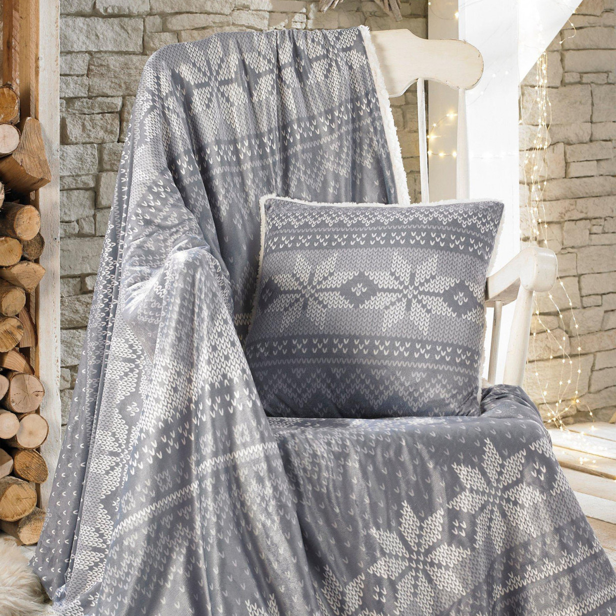 Nordic Fleece Throw Over Blanket Bed Sherpa, Grey and White - 150 x 200cm>