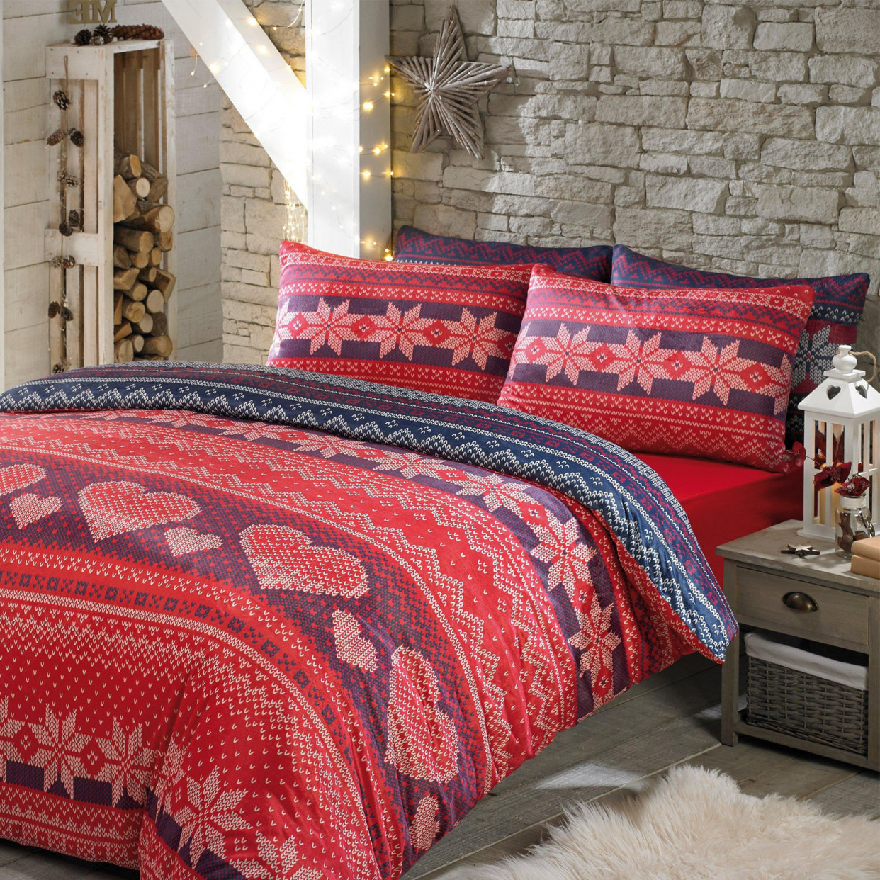 Nordic Duvet Cover Bedding Set Soft Touch Print, Red Navy - King>
