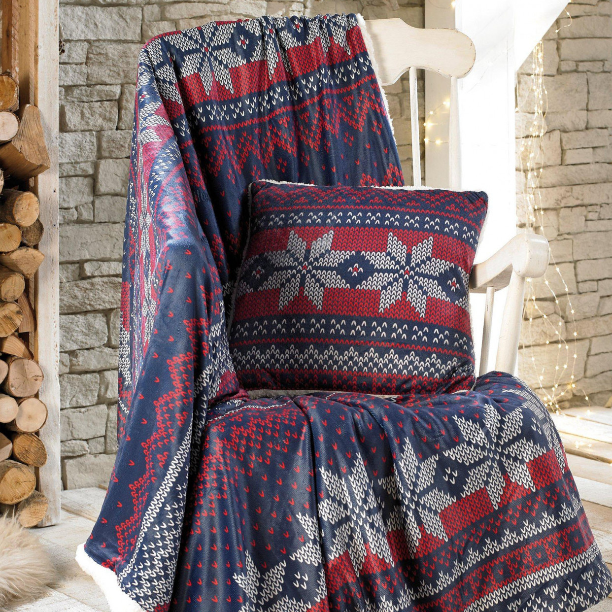 Nordic Fleece Throw Over Blanket Bed Sherpa, Red and Navy - 150 x 200cm>