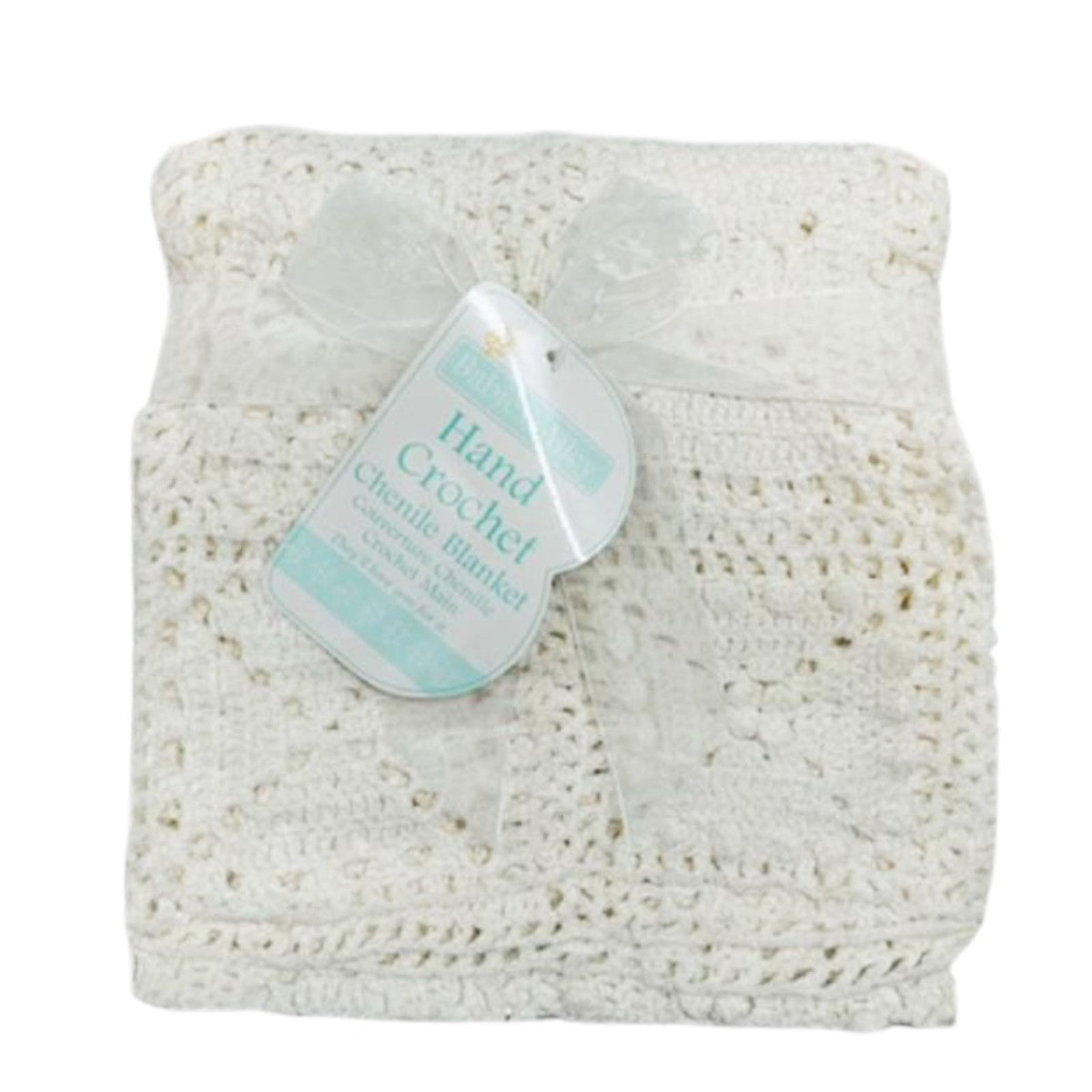 Hand Crochet Chenille Blanket - White>