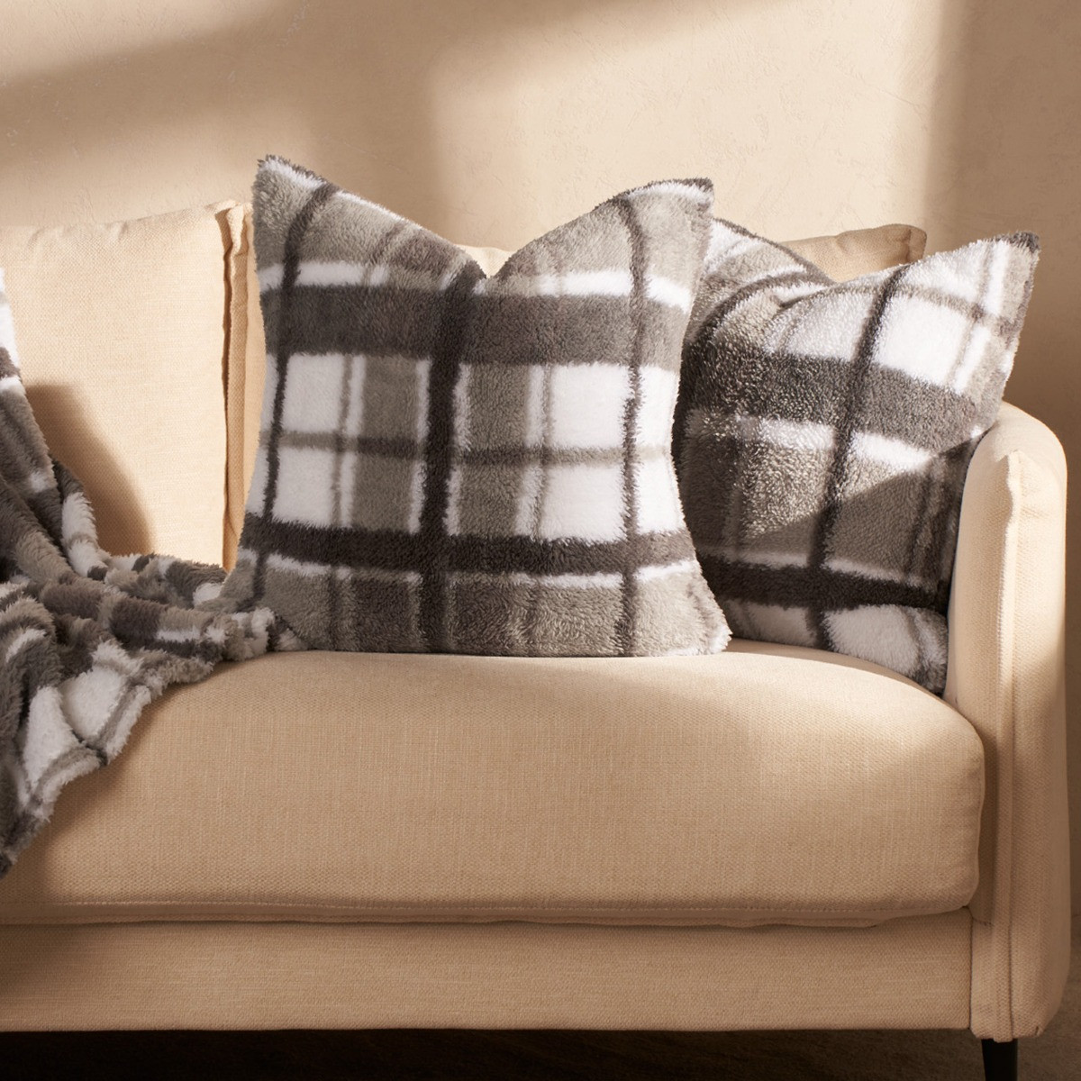 OHS Check Print Teddy Cushion Covers - Grey>