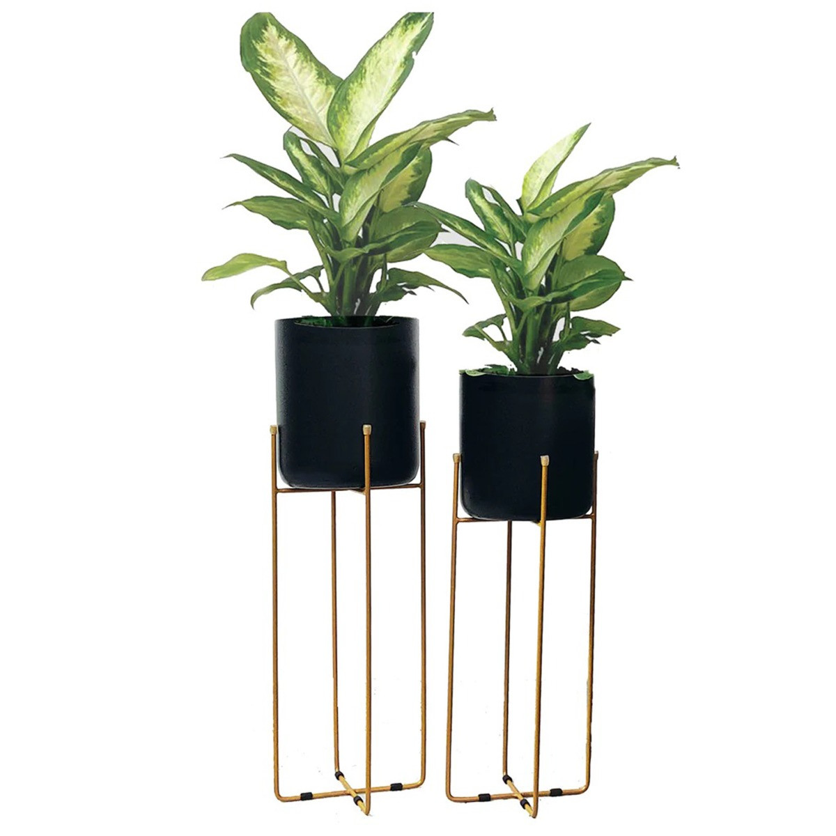 Green Decore Set Of 2 Metal Planter With Stands - Brass / Black>
