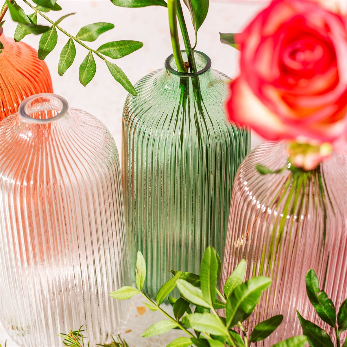 Sass & Belle Fluted Glass Vase, Green - Tall>