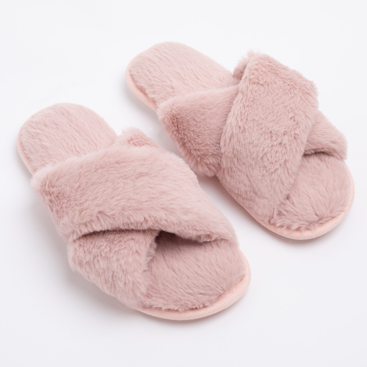 OHS Faux Fur Cross Strap Slippers - Blush>