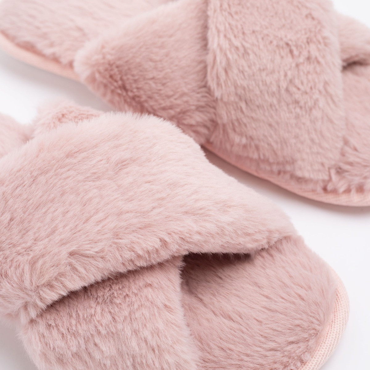 OHS Faux Fur Cross Strap Slippers - Blush>