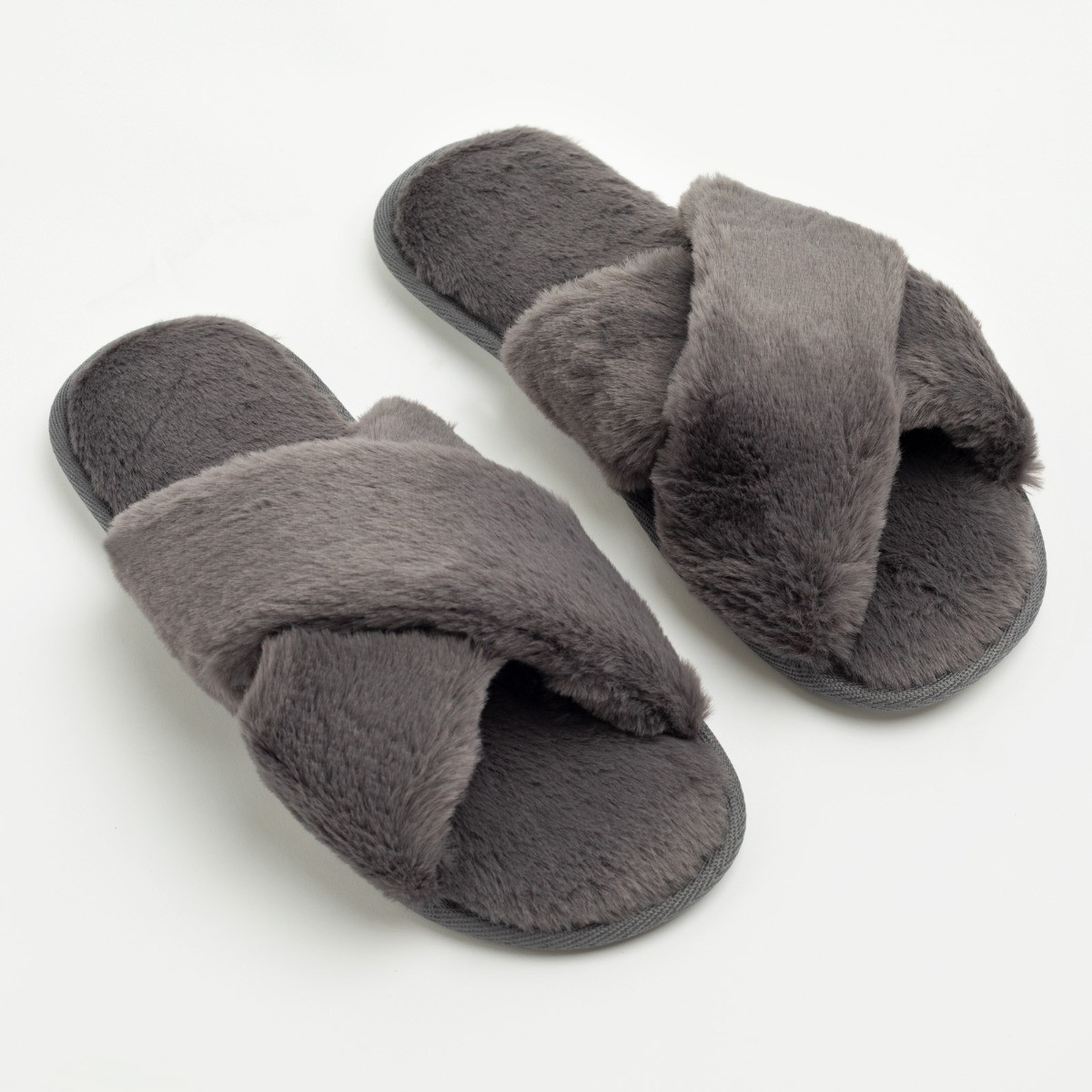 OHS Faux Fur Cross Strap Slippers - Grey>