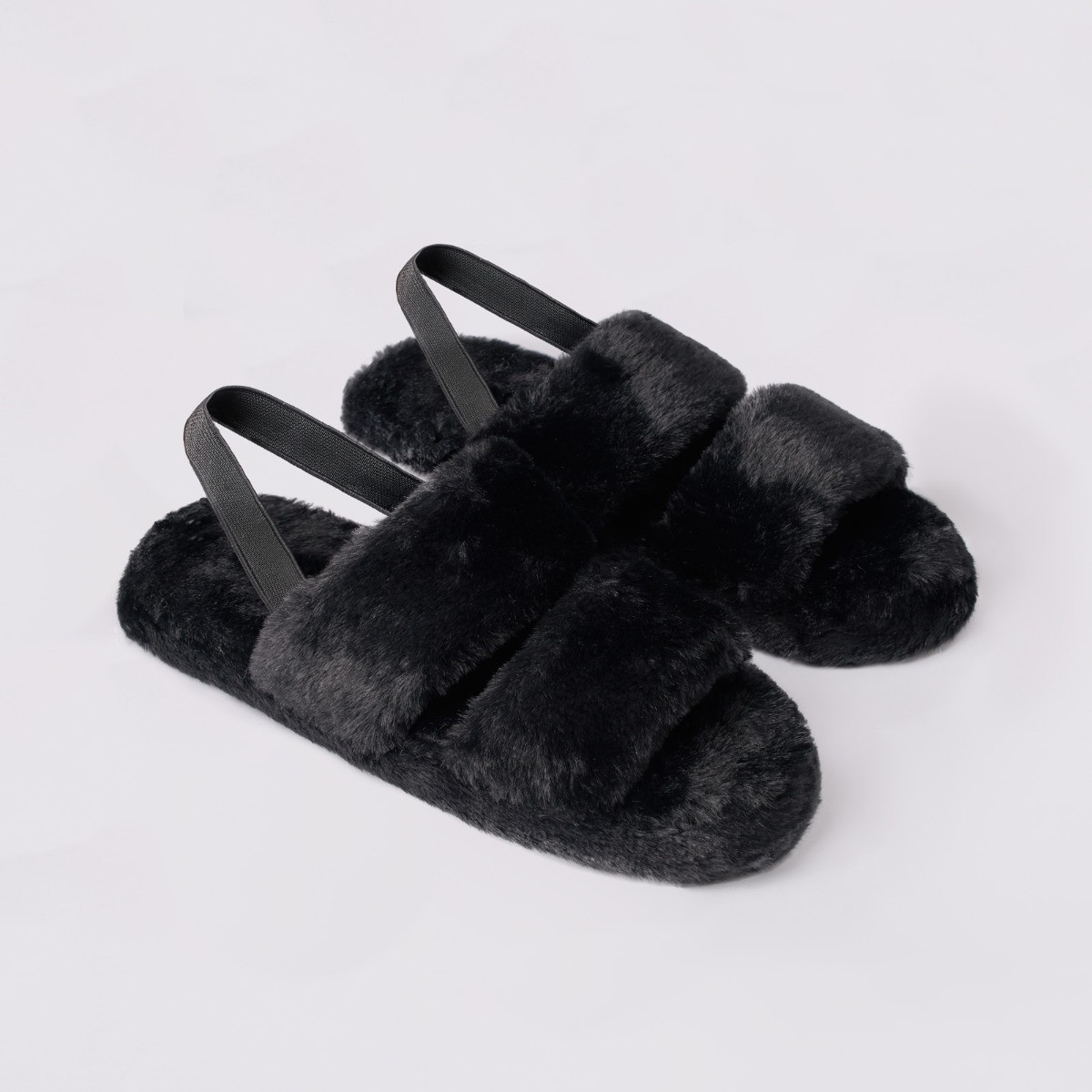 OHS Faux Fur Platform Slippers - Black>