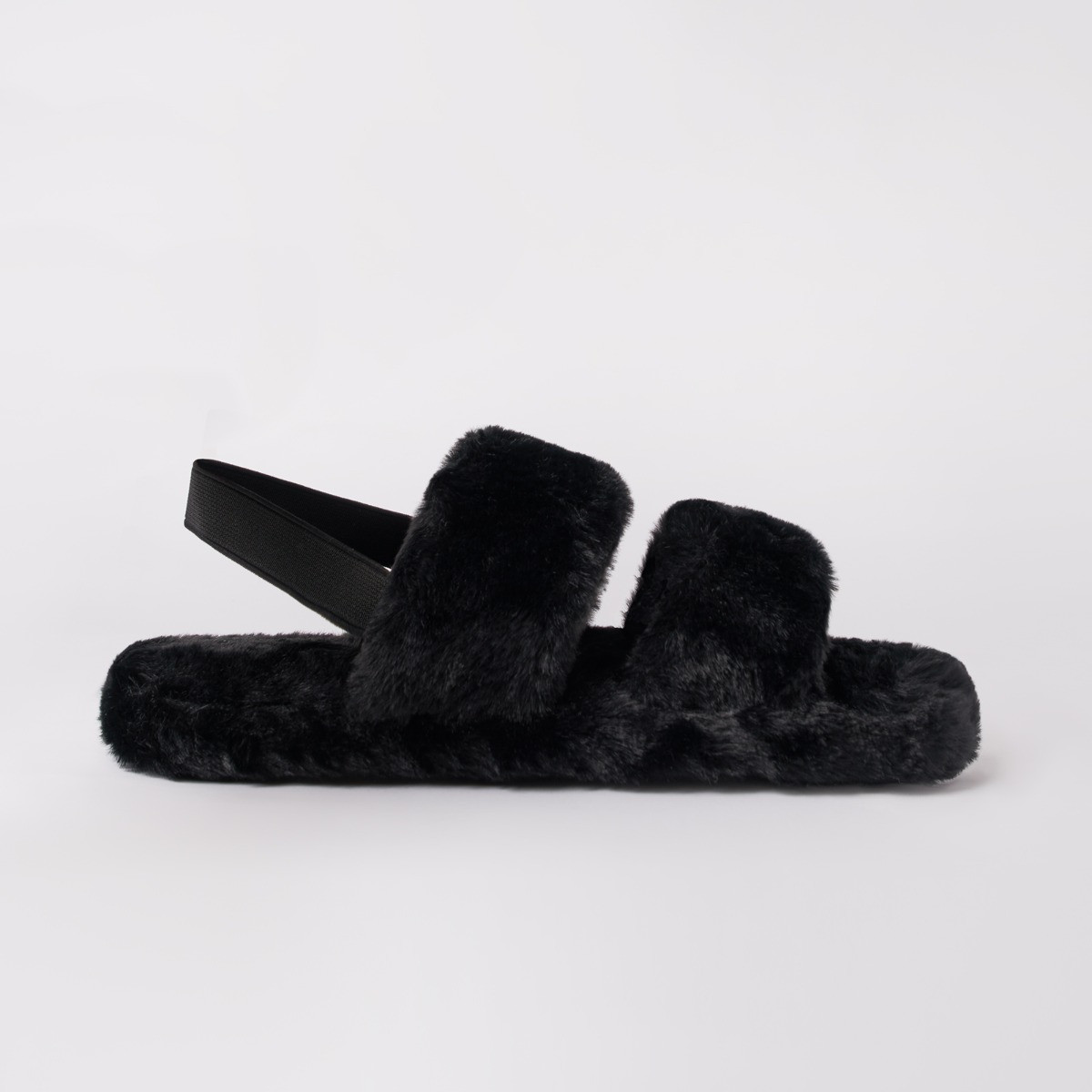 OHS Faux Fur Platform Slippers, Black Small 3/4