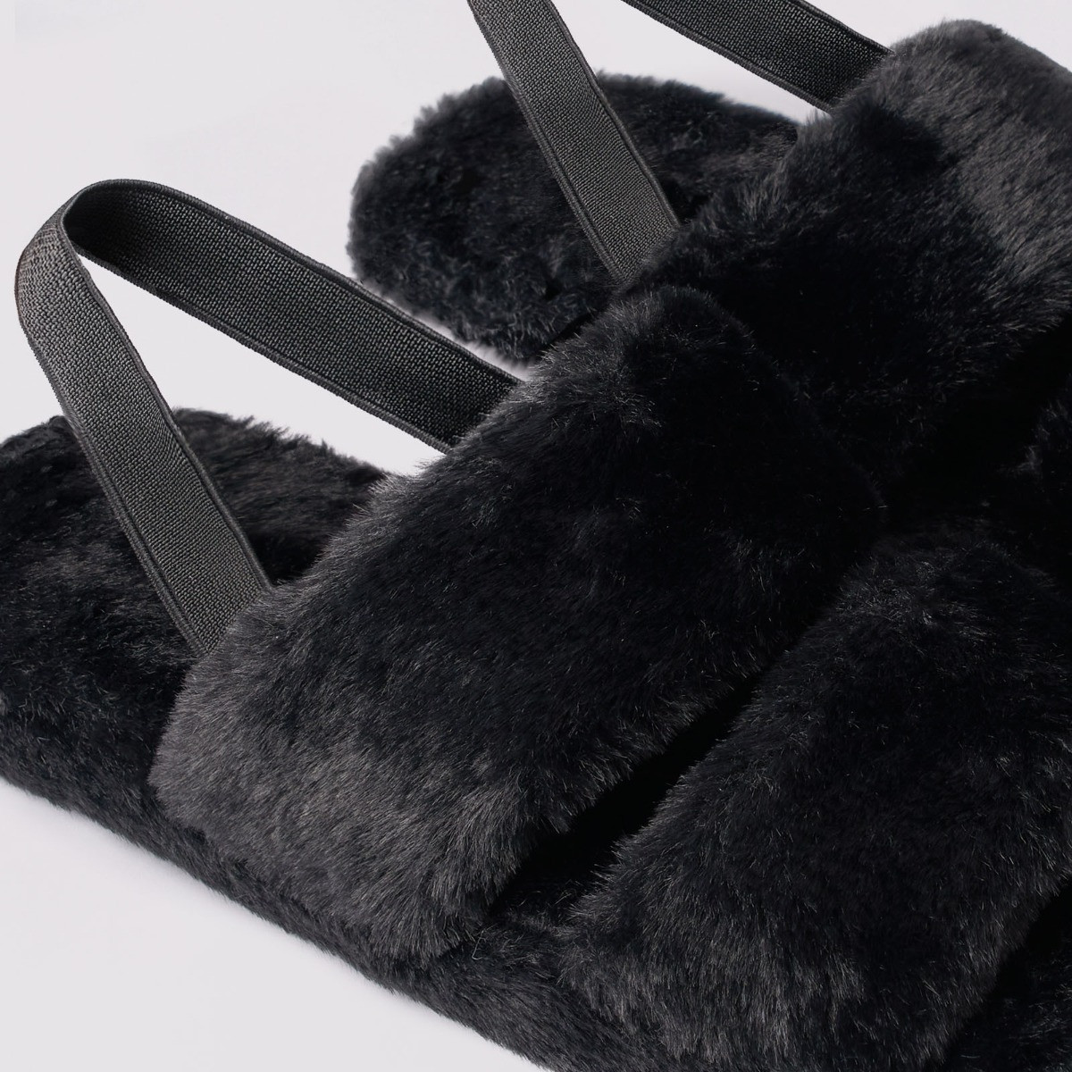 OHS Faux Fur Platform Slippers - Black>
