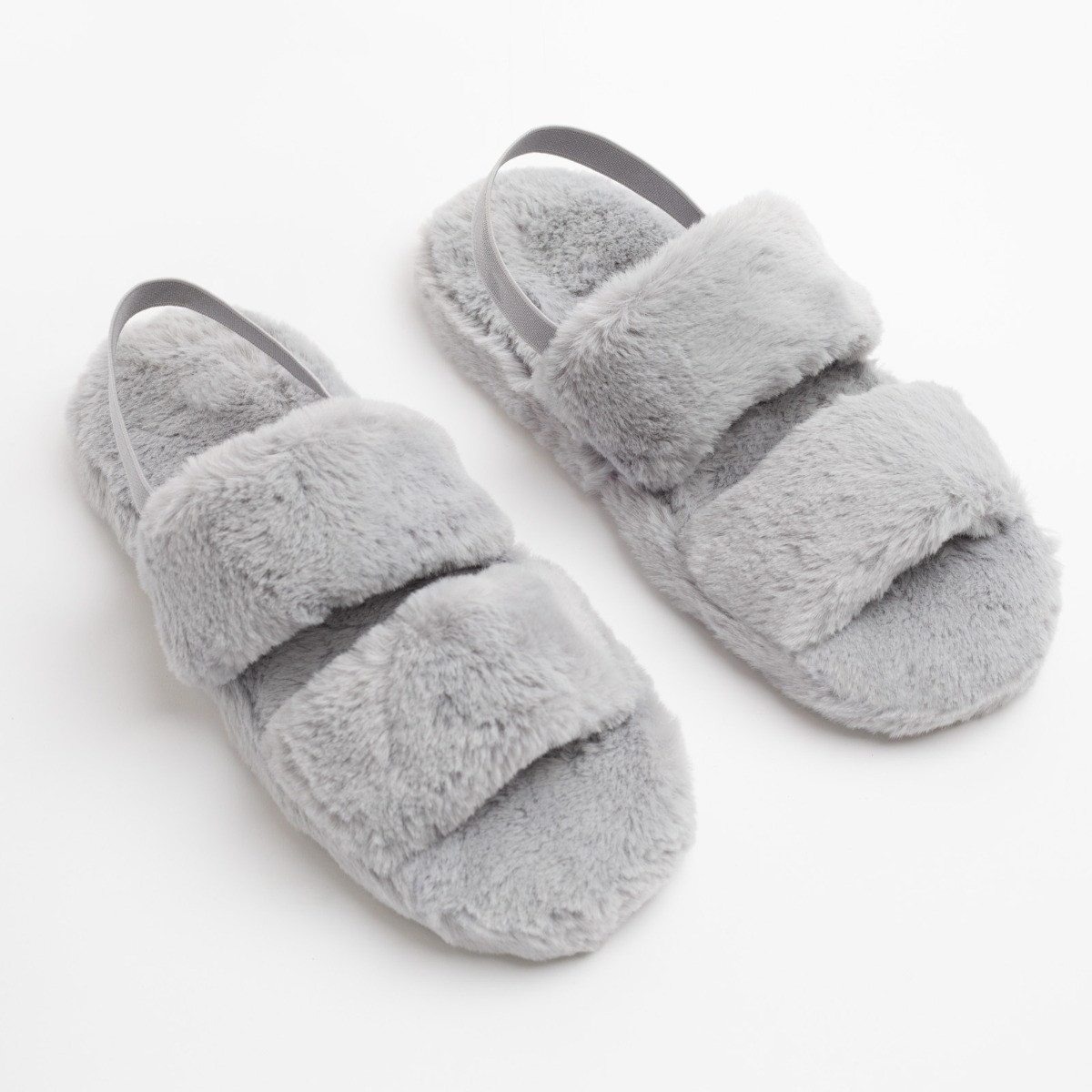 OHS Faux Fur Platform Slippers - Grey>