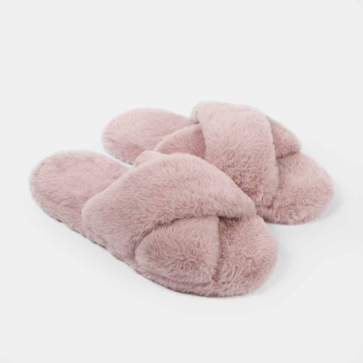 OHS Faux Fur Platform Cross Strap Slippers - Blush>