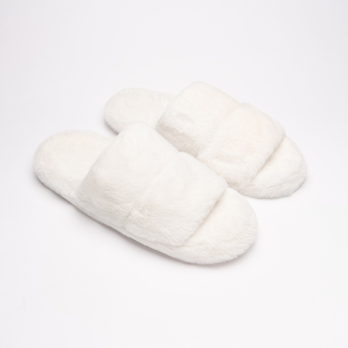 OHS Faux Fur Platform Slider Slippers - Cream>