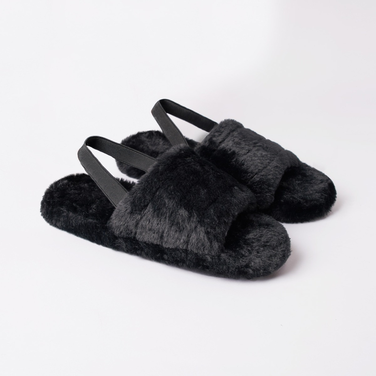 OHS Faux Fur Strap Back Platform Slippers - Black>