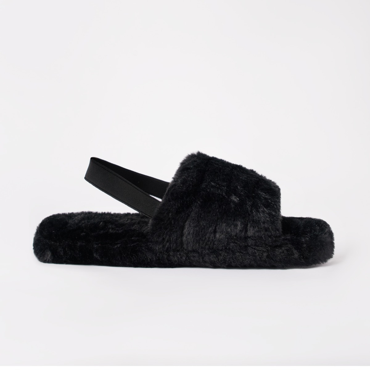 OHS Faux Fur Strap Back Platform Slippers - Black>