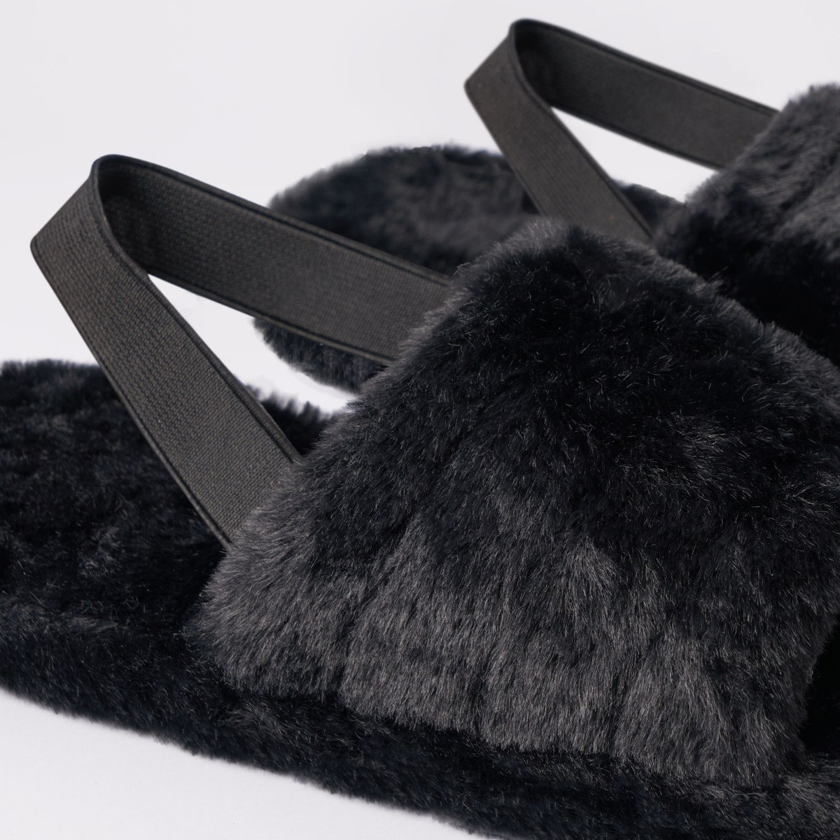 OHS Faux Fur Strap Back Platform Slippers - Black>