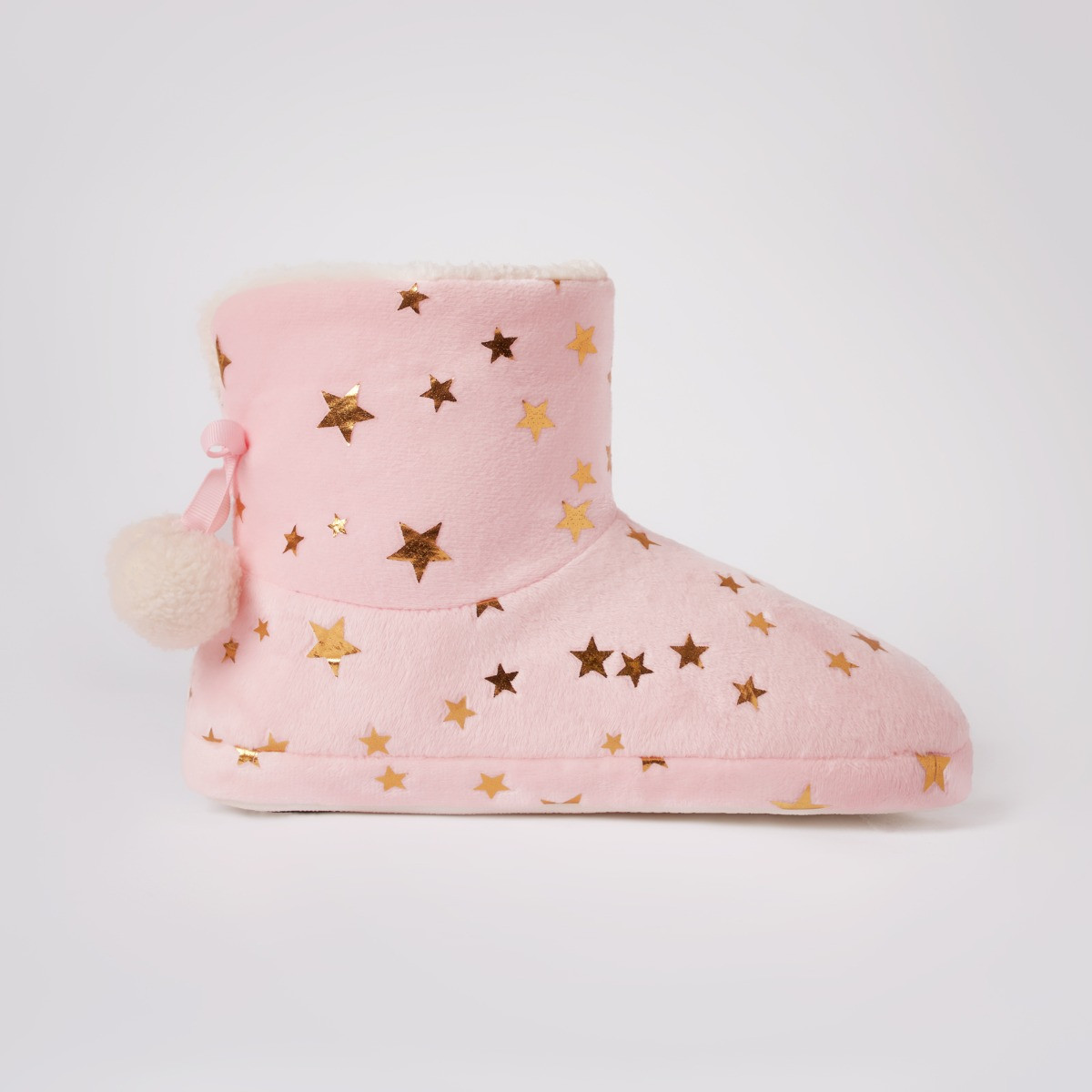 OHS Velvet Star Print Boot Slippers, Blush>