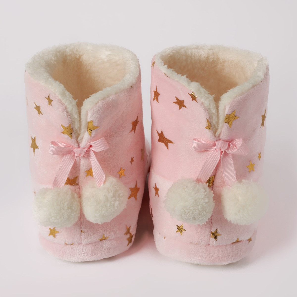 OHS Velvet Star Print Boot Slippers, Blush>