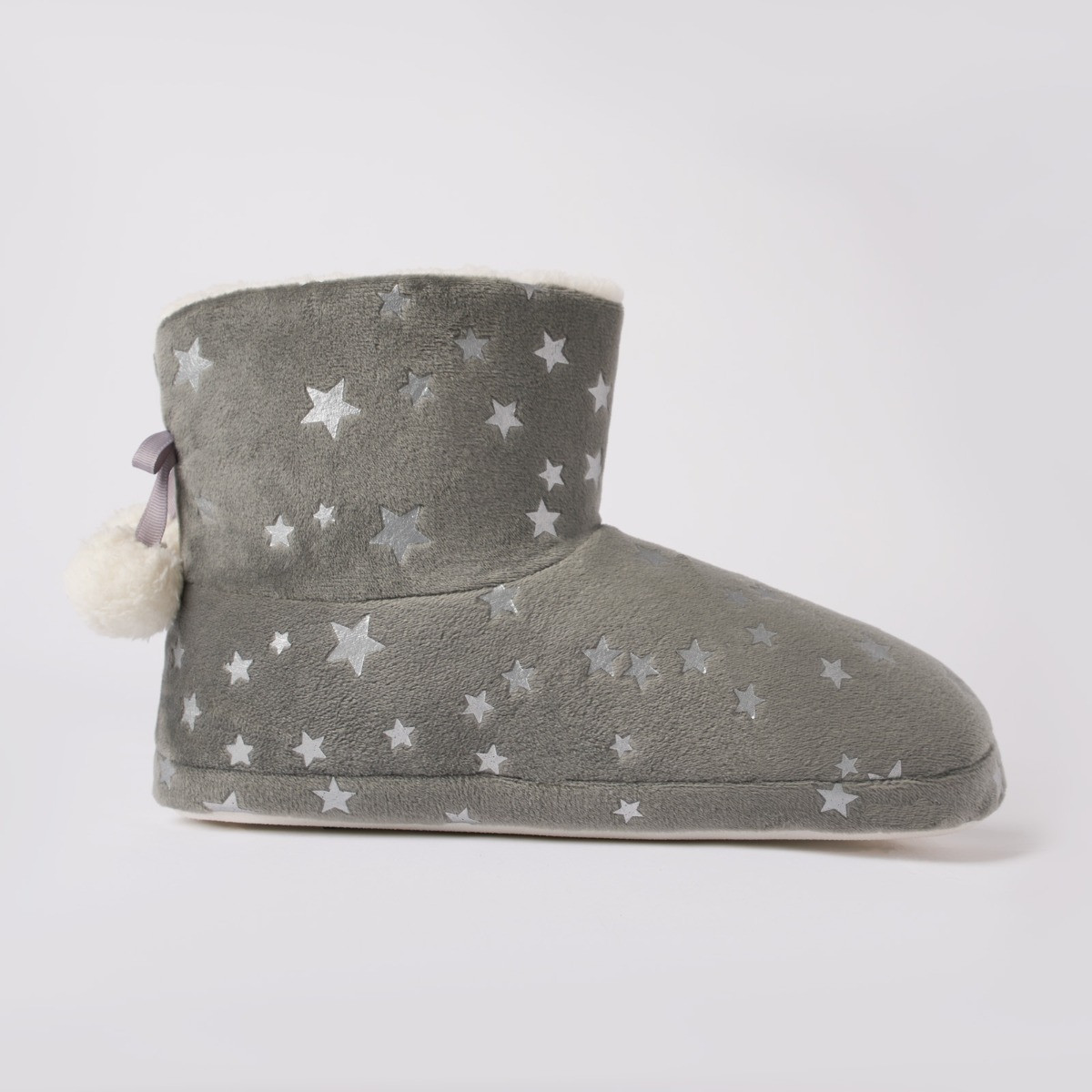 OHS Velvet Star Print Boot Slippers, Grey >