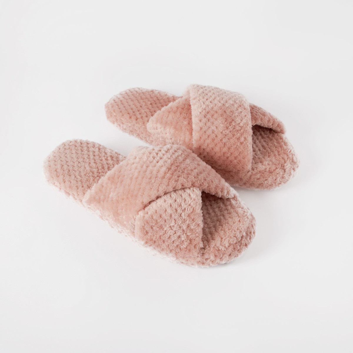 OHS Waffle Fleece Cross Strap Slippers - Blush>