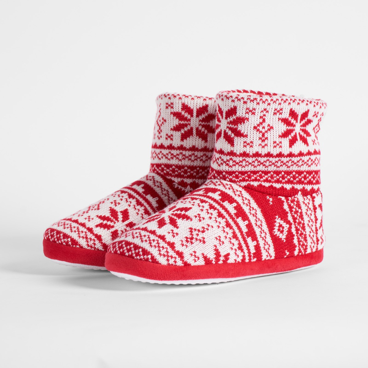 OHS Christmas Nordic Print Knitted Boot Slippers - Red>