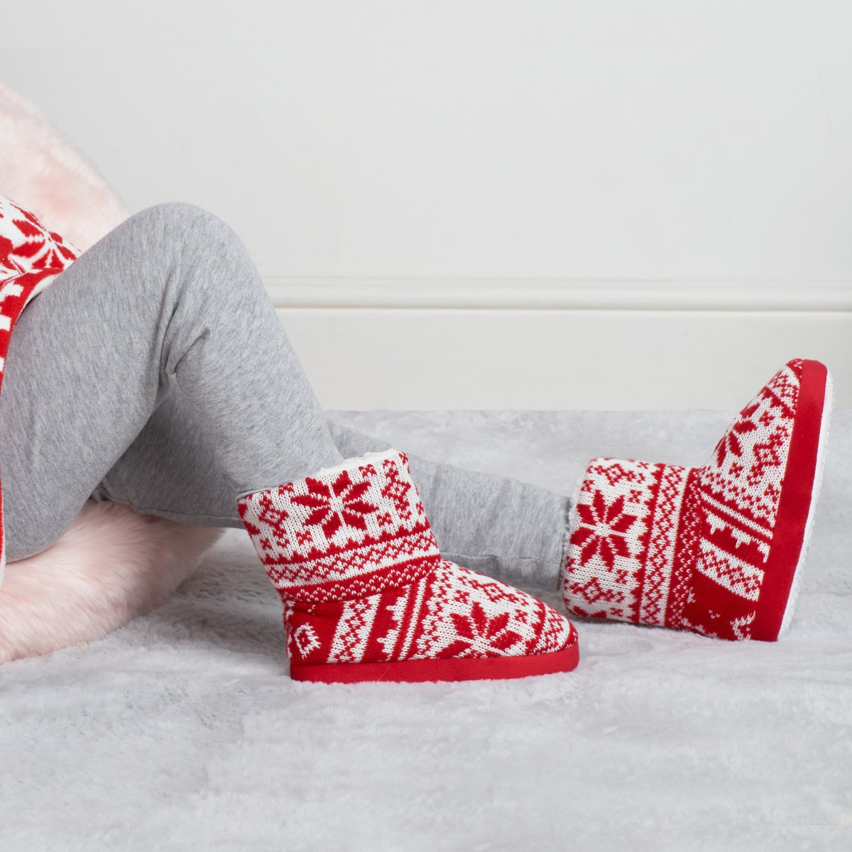 OHS Kids Christmas Nordic Print Knitted Boot Slippers - Red>