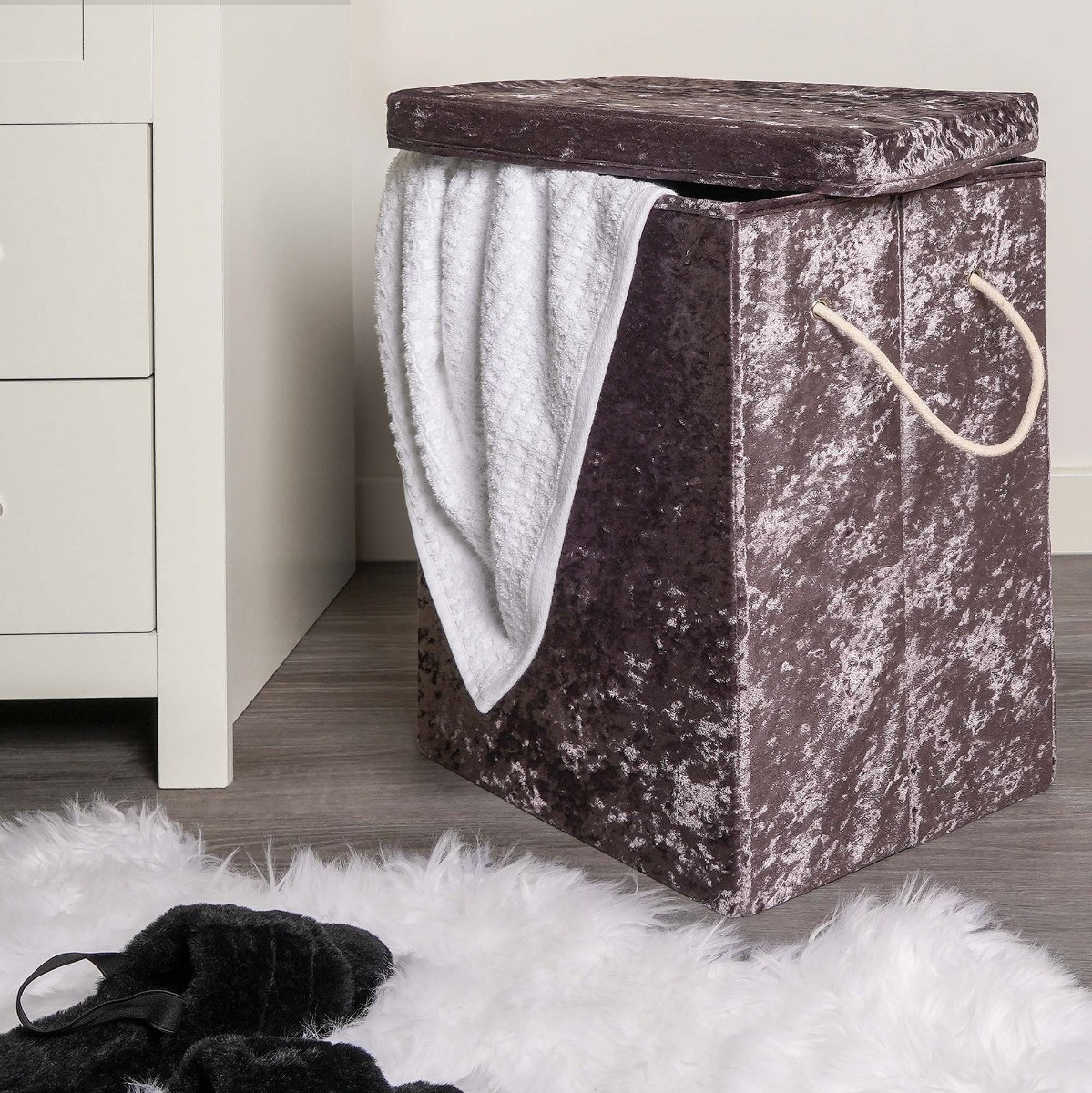 OHS Crushed Velvet Foldable Laundry Basket - Charcoal>