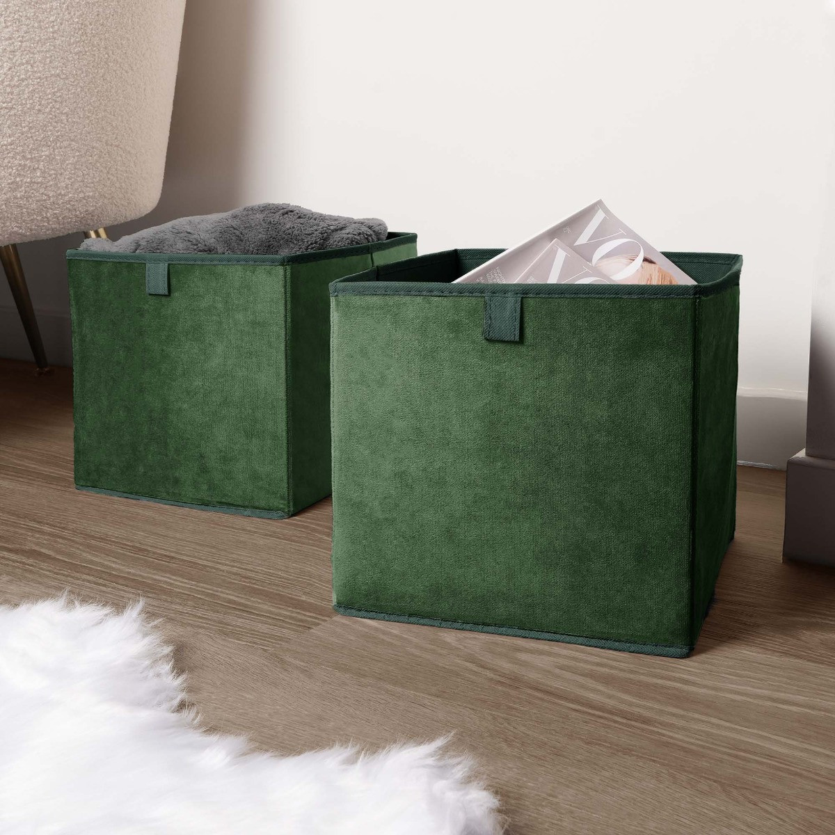OHS Matte Velvet Cube Storage Boxes, Forest Green - 2 Pack>