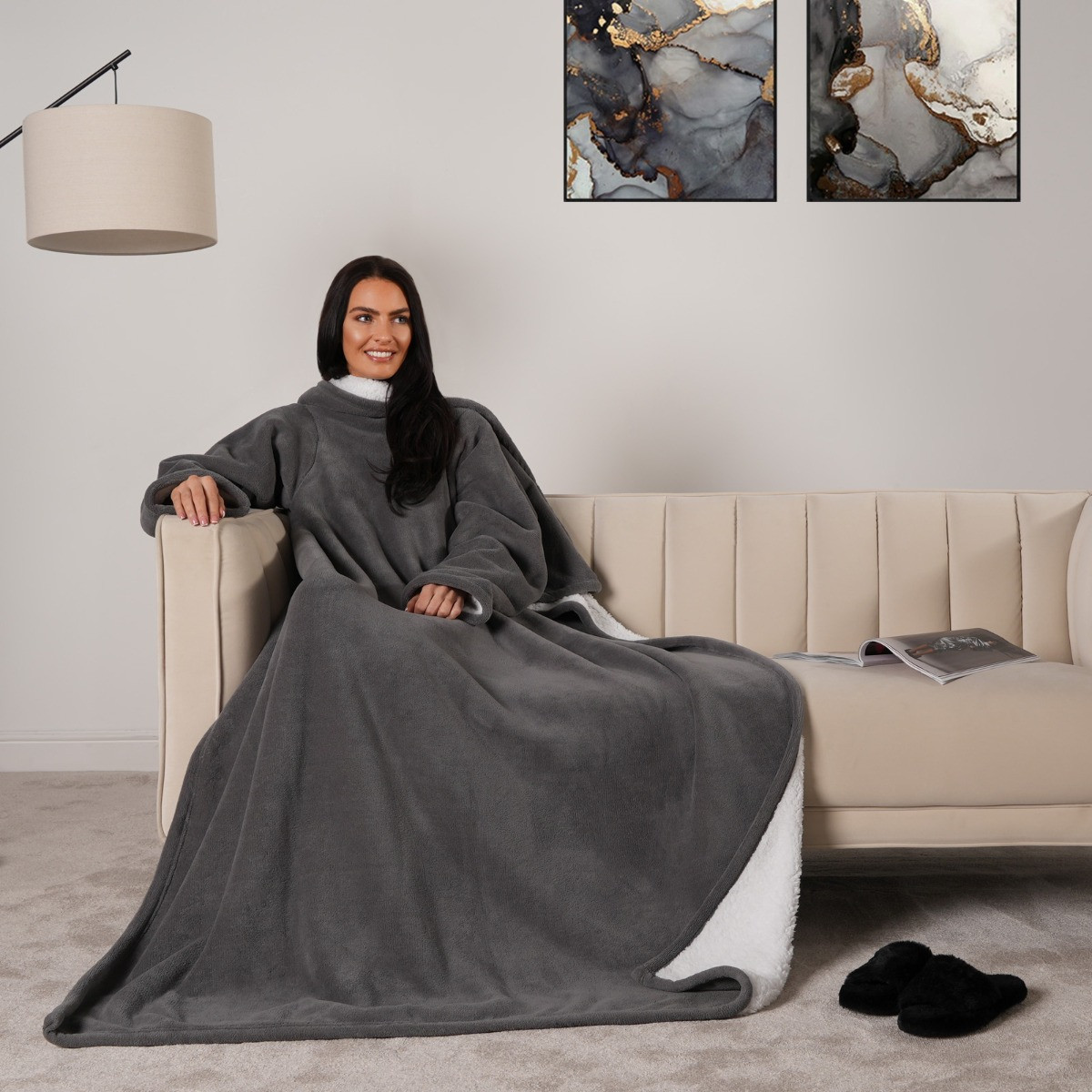 OHS Sherpa Wearable Blanket With Sleeves - Charcoal>