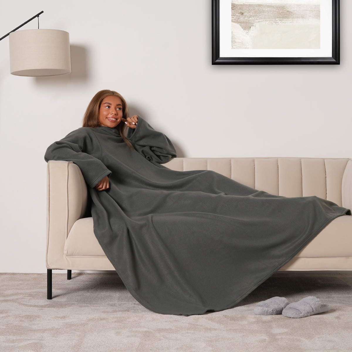 OHS Fleece Wearable Blanket With Sleeves - Charcoal>